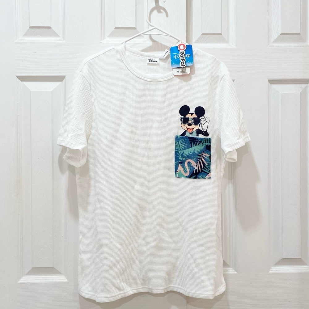 Disney Tropical Botanical Print -Mickey & Minnie Mouse Men T-Shirt Waffle Fabric